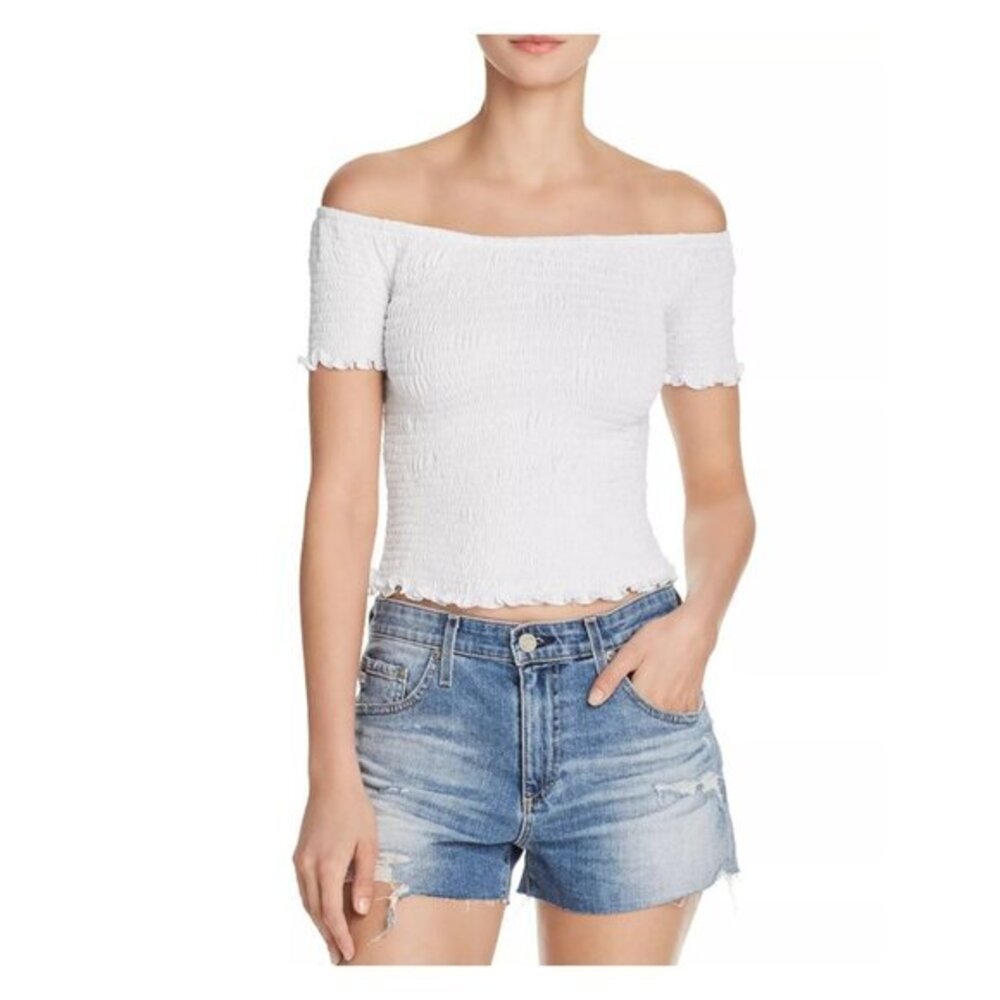 Aqua Smocked Off-the-Shoulder Crop Top White SZ XS NWT